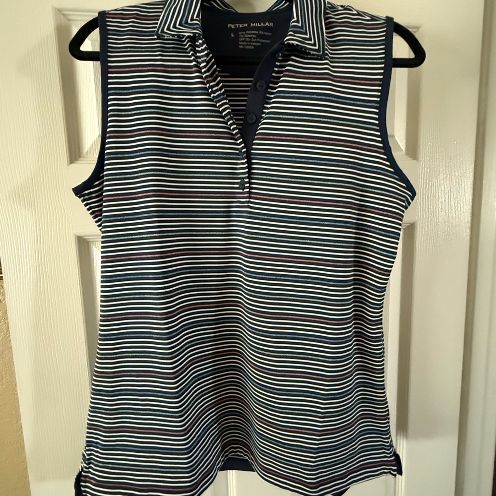 NWT Peter Millar With Sun Protection Sz LG Womens Polo Tank Top Navy Pinstripe